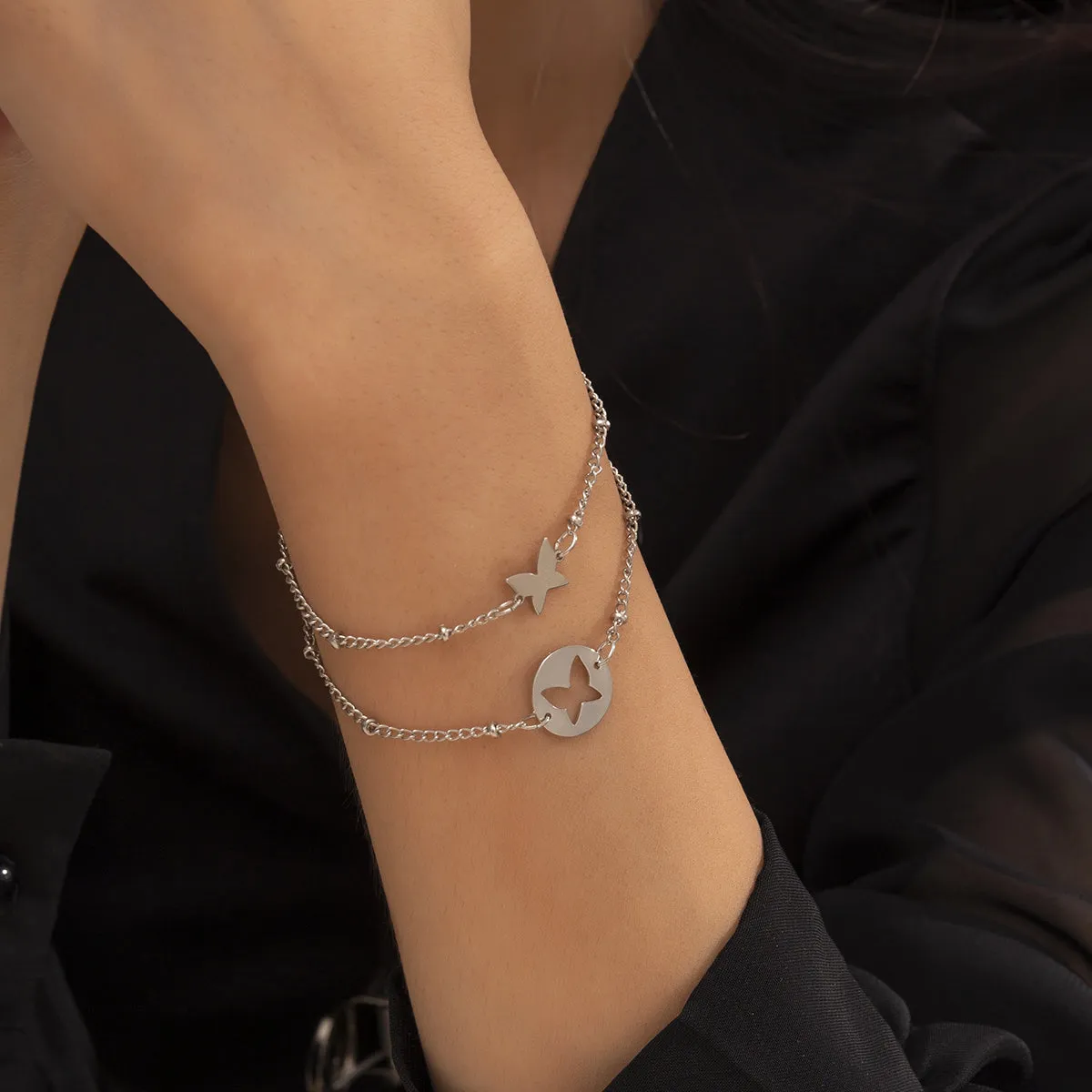 Silver-Plated Butterfly Charm Bracelet Set