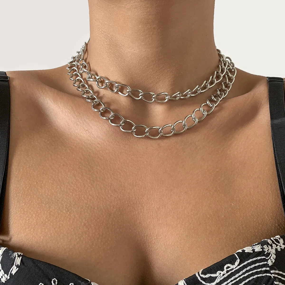 Silver-Plated Curb Chain Necklace Set
