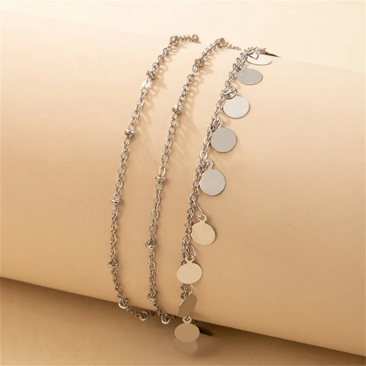 Silver-Plated Disc Charm Layered Anklet