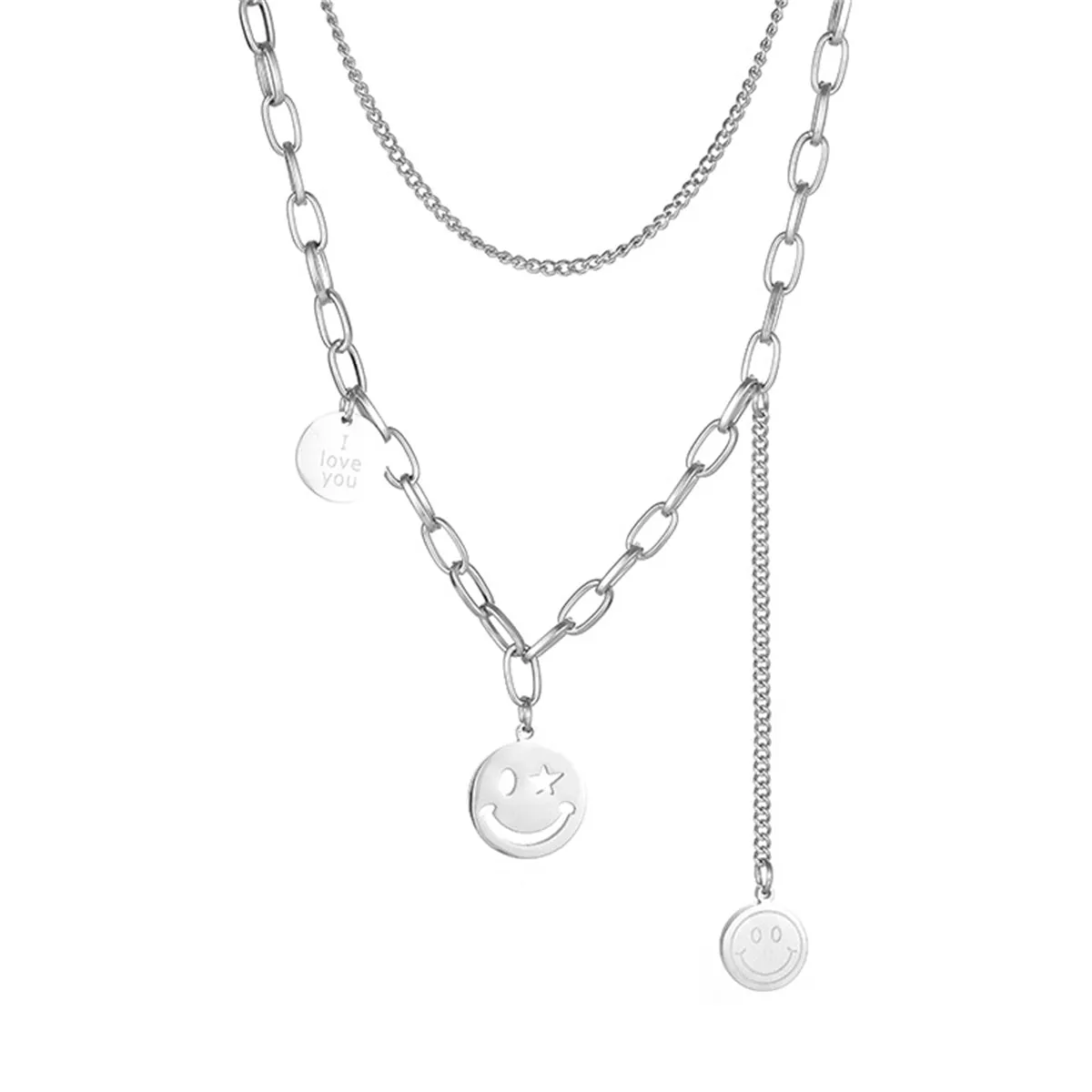 Silver-Plated 'I Love You' Smiley Drop Layered Necklace