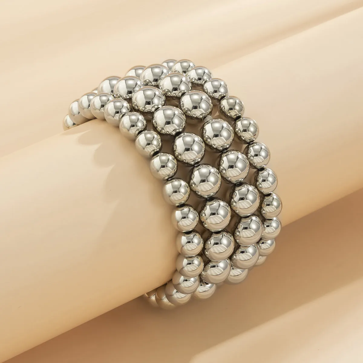 Silver-Plated Layered Bead Stretch Bracelet