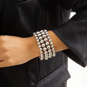 Silver-Plated Layered Bead Stretch Bracelet