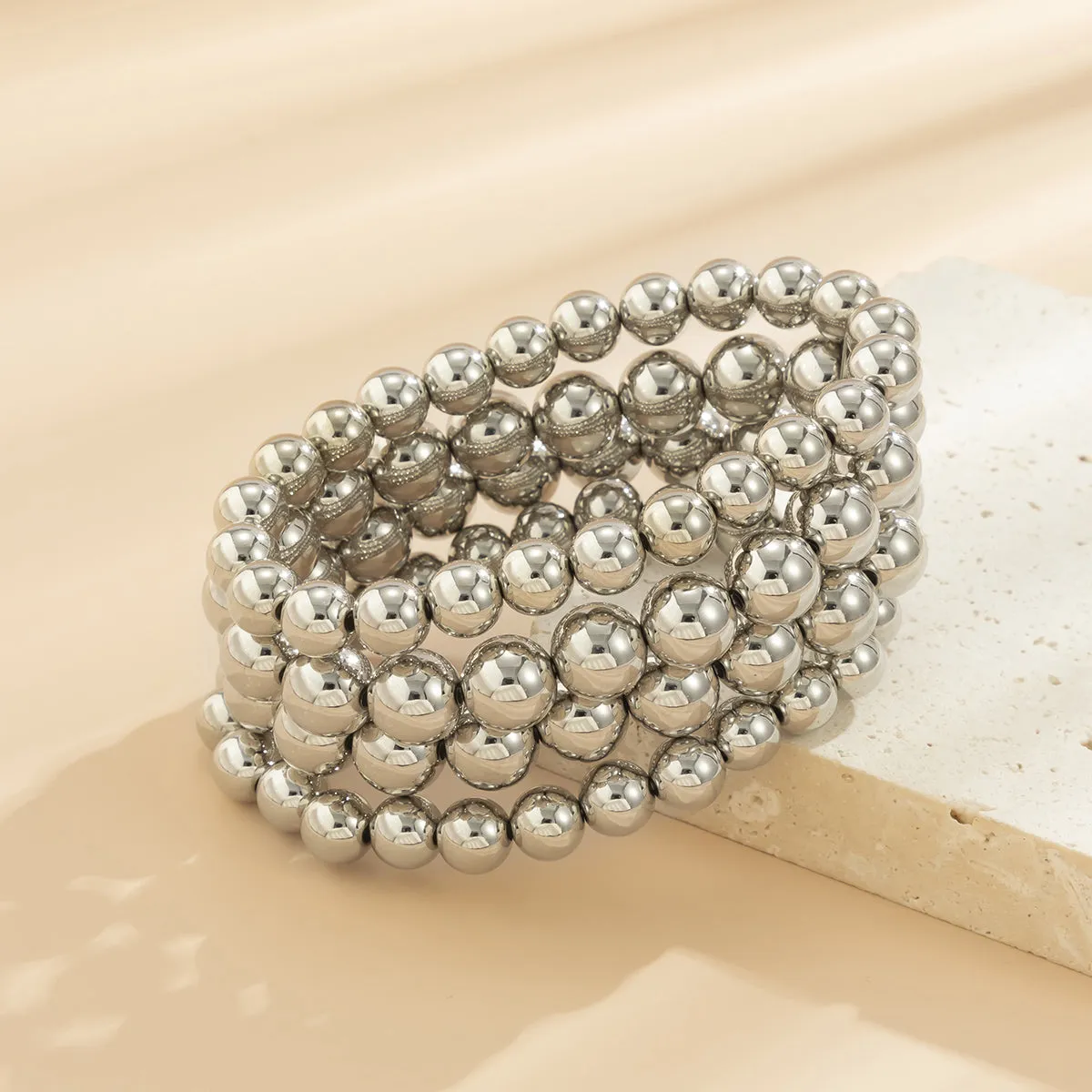 Silver-Plated Layered Bead Stretch Bracelet