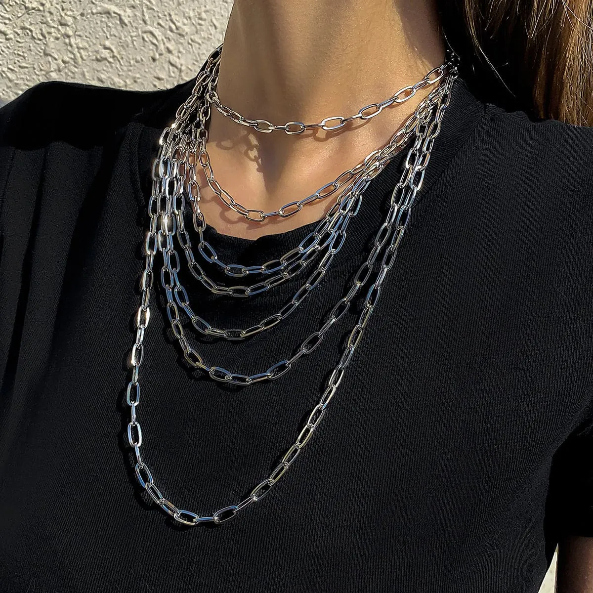 Silver-Plated Layered Cable Chain Necklace Set