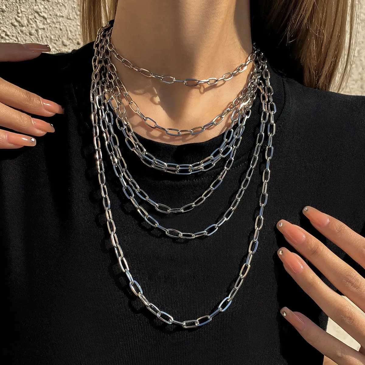 Silver-Plated Layered Cable Chain Necklace Set