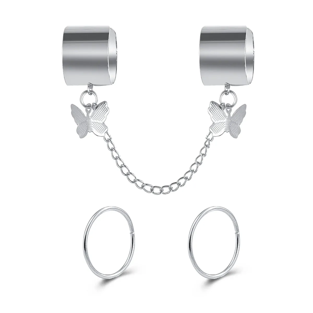 Silver-Plated Linked Butterfly Charm Ring Set