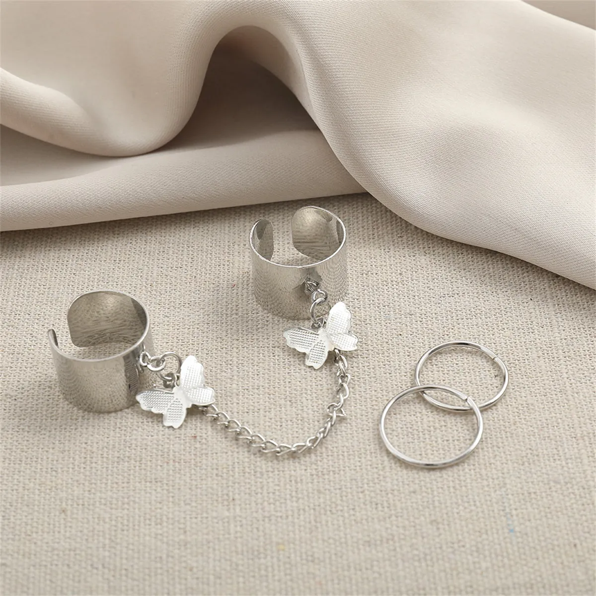 Silver-Plated Linked Butterfly Charm Ring Set