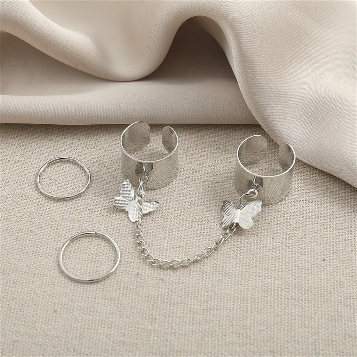Silver-Plated Linked Butterfly Charm Ring Set