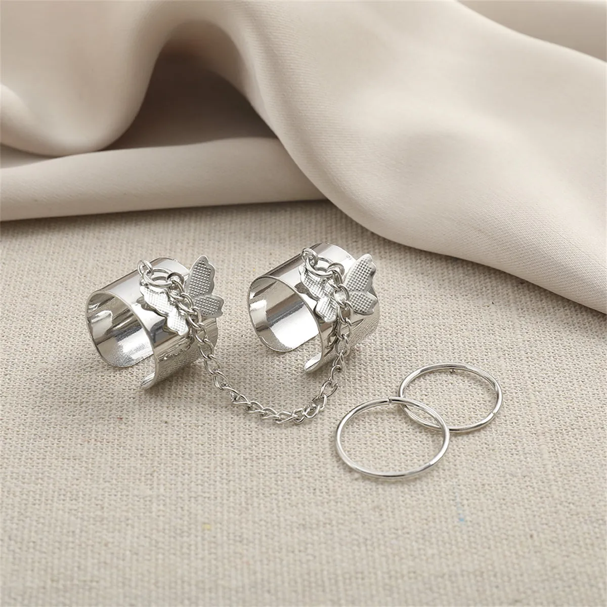 Silver-Plated Linked Butterfly Charm Ring Set