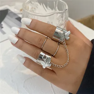 Silver-Plated Linked Butterfly Charm Ring Set