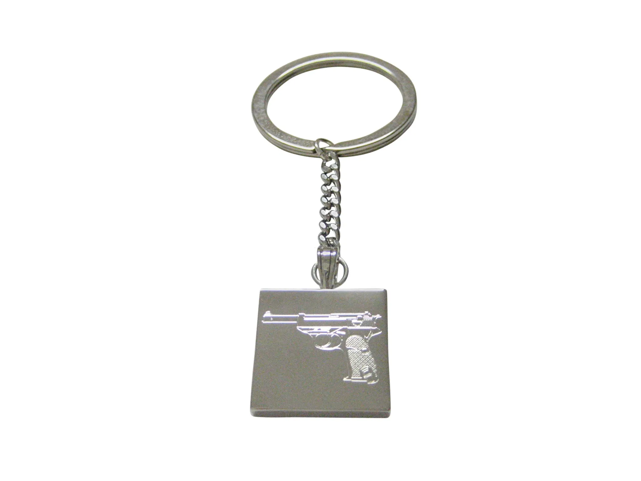 Silver Toned Etched Retro Handgun Keychain