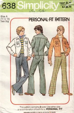 Simplicity 7638 Teen Boys Denim Jacket & Pants 1970s Vintage Sewing Pattern Size 14 & 16 UNCUT Factory Folded