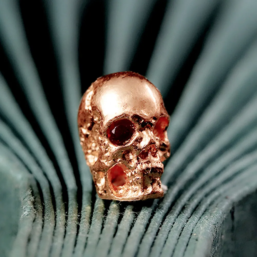 Solid 18k Gold Skull Bead Charm with Ruby Eye