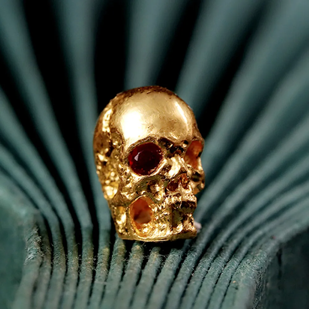 Solid 18k Gold Skull Bead Charm with Ruby Eye