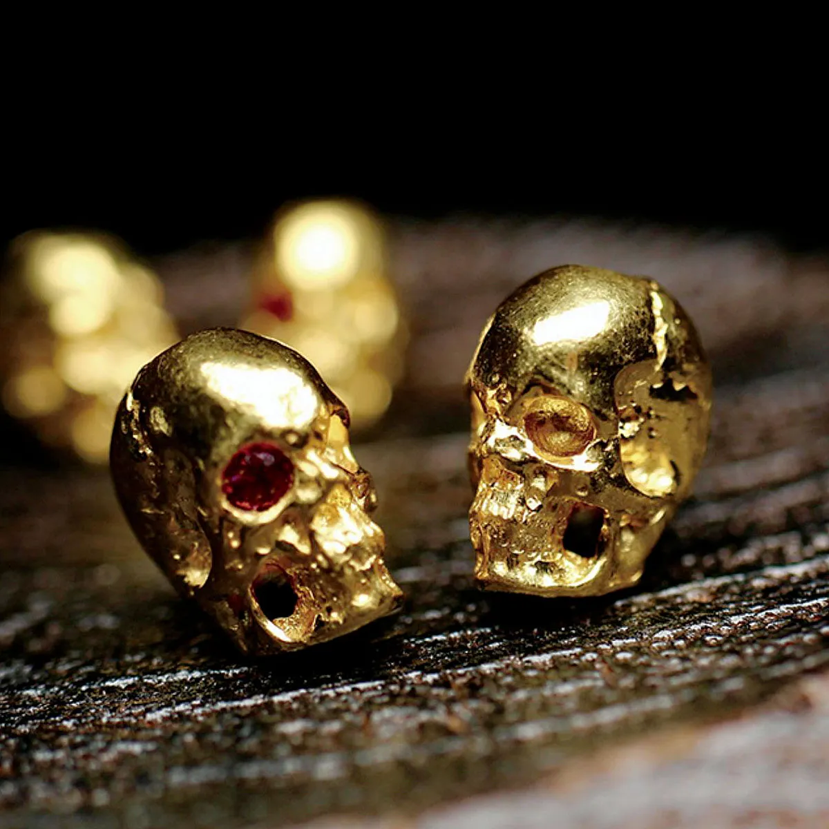 Solid 18k Gold Skull Bead Charm with Ruby Eye