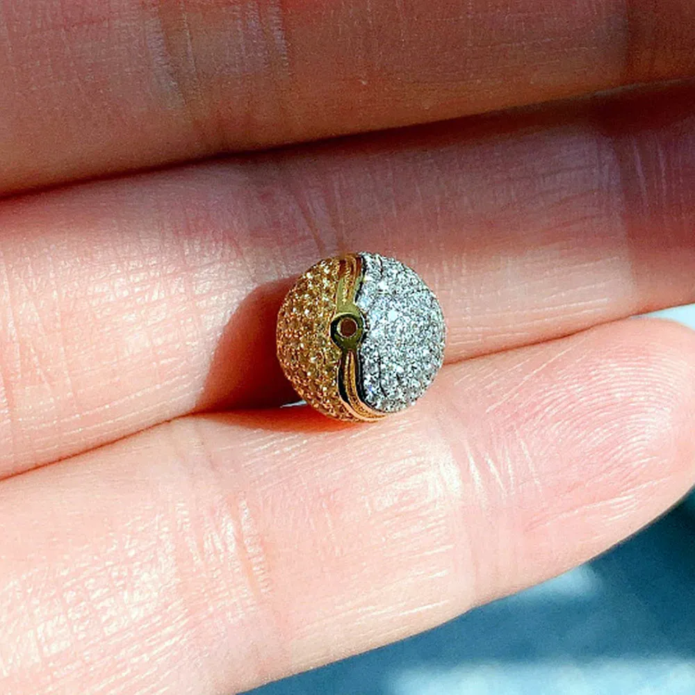 Solid 18k Gold Yellow and White Diamond Spacer Bead Ball