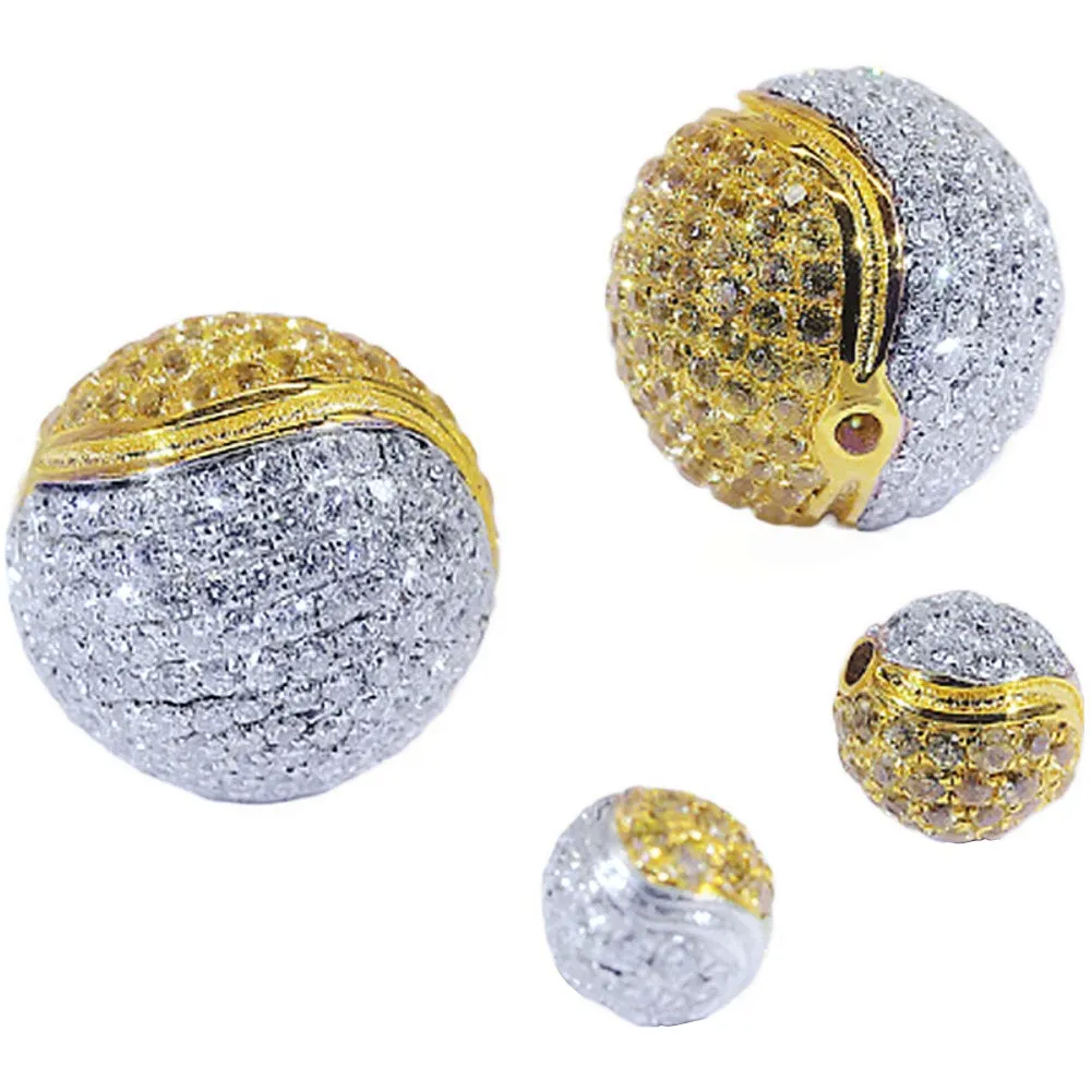 Solid 18k Gold Yellow and White Diamond Spacer Bead Ball