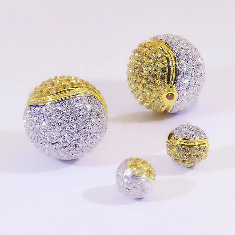 Solid 18k Gold Yellow and White Diamond Spacer Bead Ball