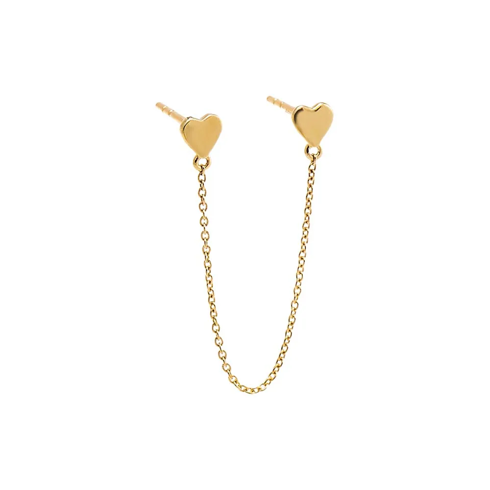 Solid Double Heart Chain Stud Earring 14K