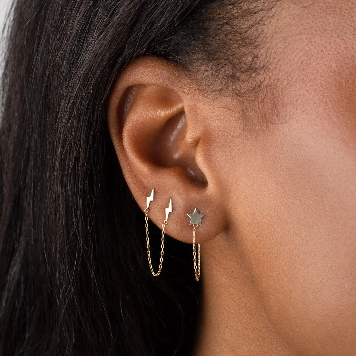 Solid Star Chain Stud Earring 14K