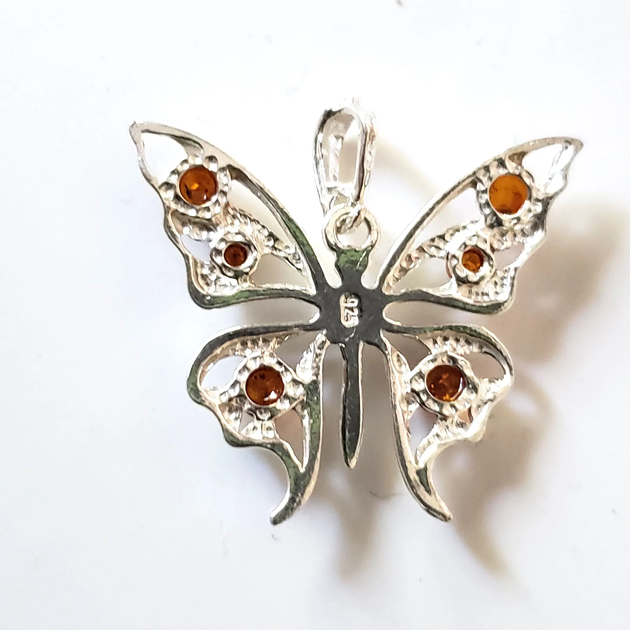 Sterling Silver Butterfly Pendant with Amber Beads