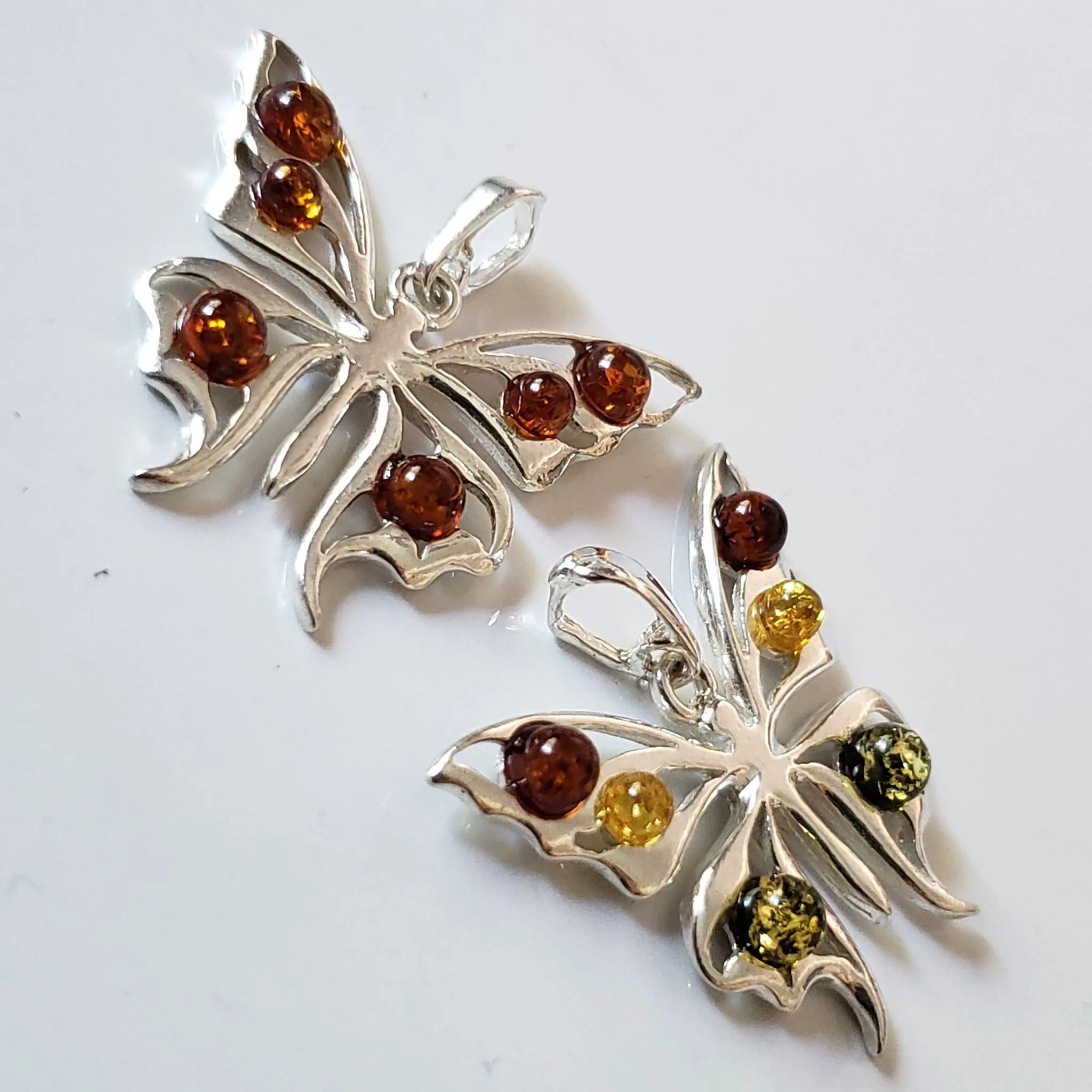 Sterling Silver Butterfly Pendant with Amber Beads