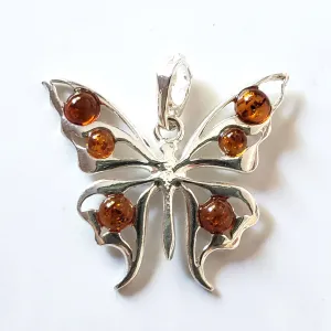 Sterling Silver Butterfly Pendant with Amber Beads