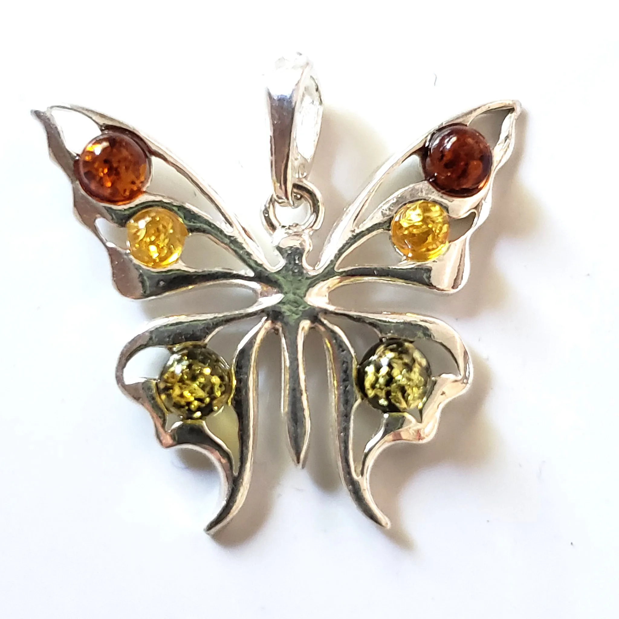 Sterling Silver Butterfly Pendant with Amber Beads