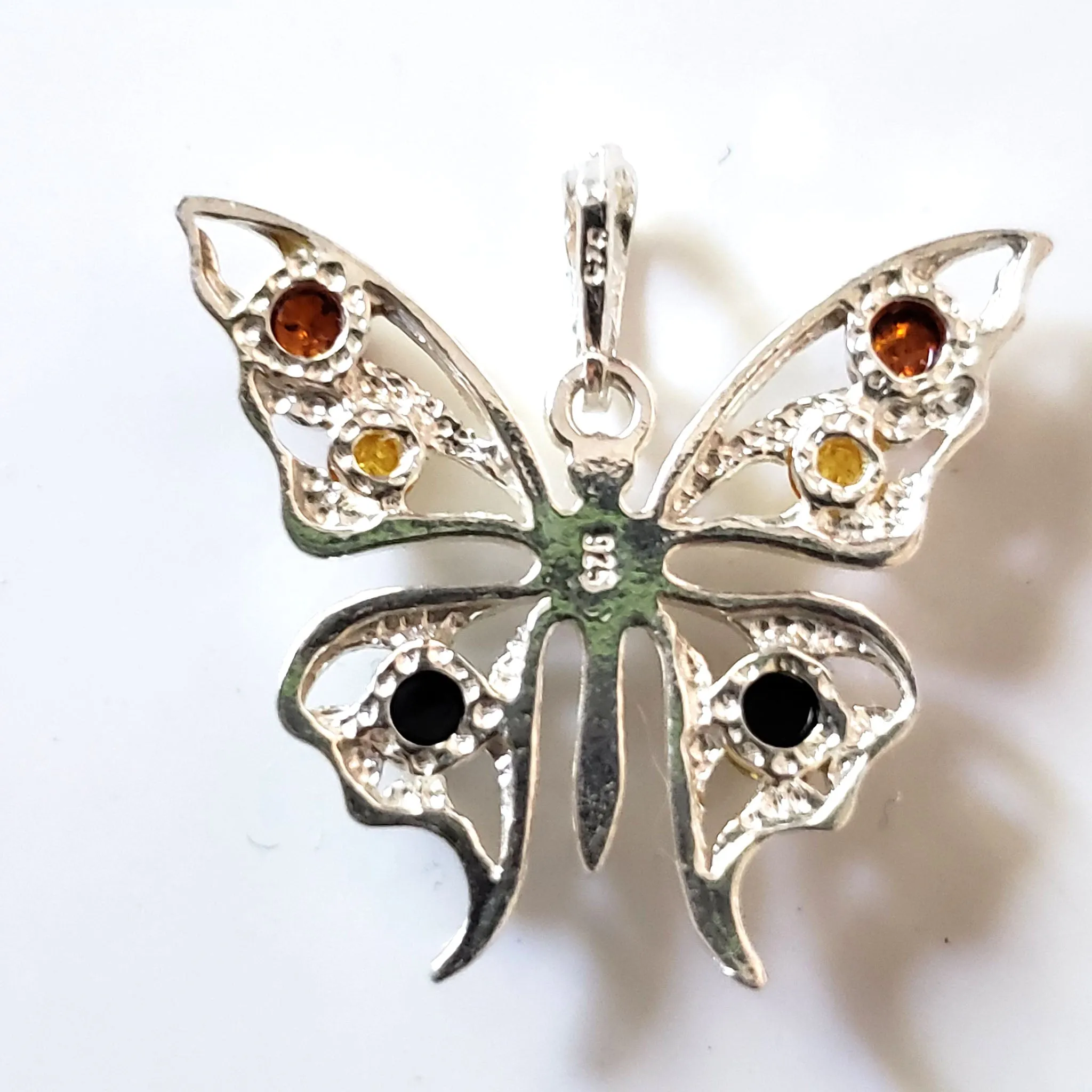 Sterling Silver Butterfly Pendant with Amber Beads