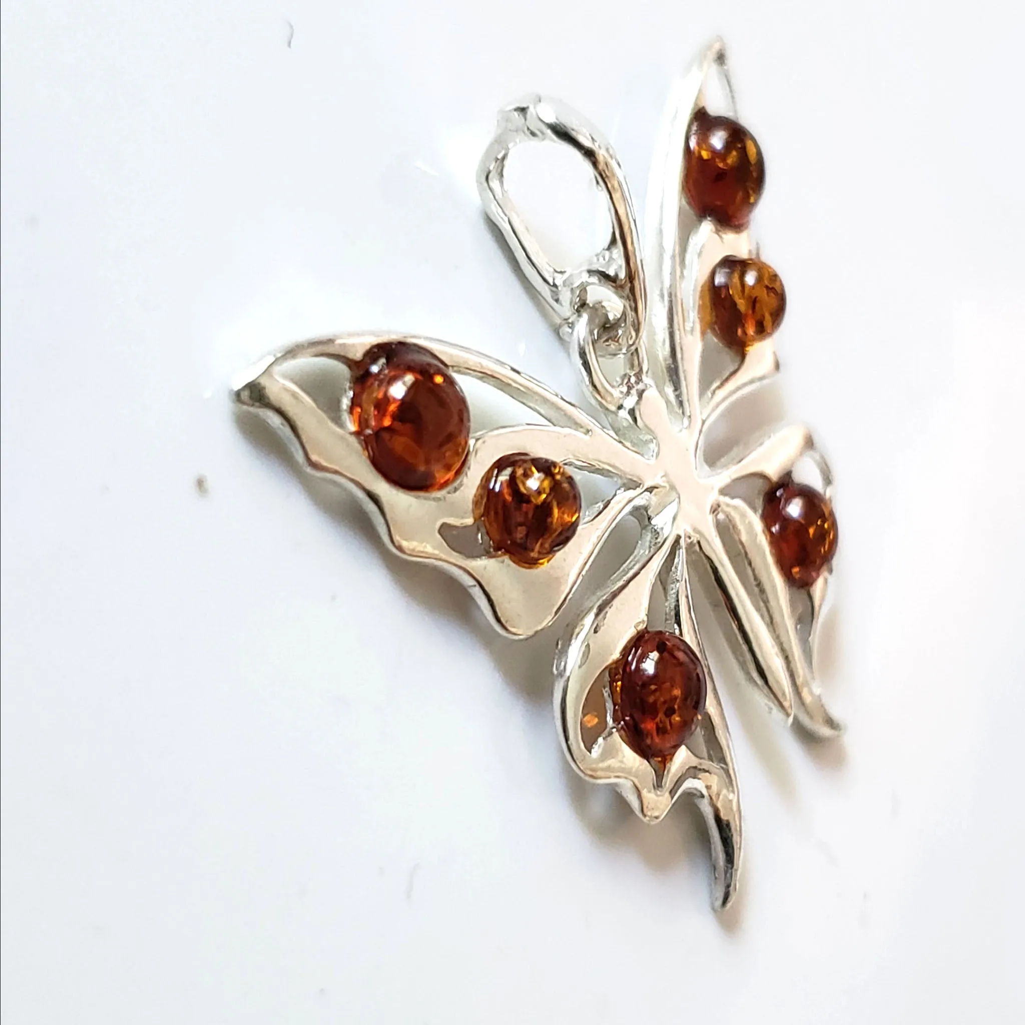 Sterling Silver Butterfly Pendant with Amber Beads