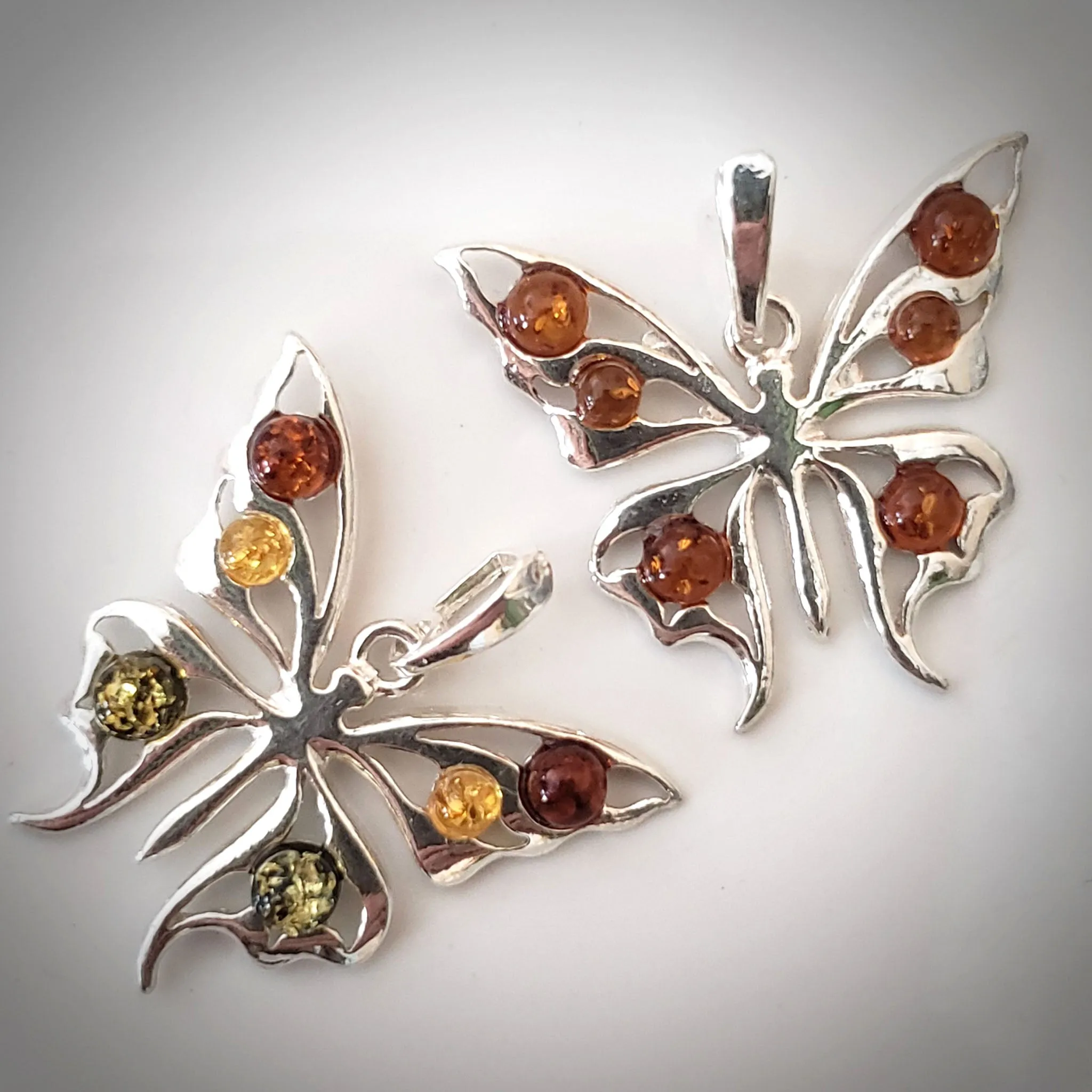 Sterling Silver Butterfly Pendant with Amber Beads