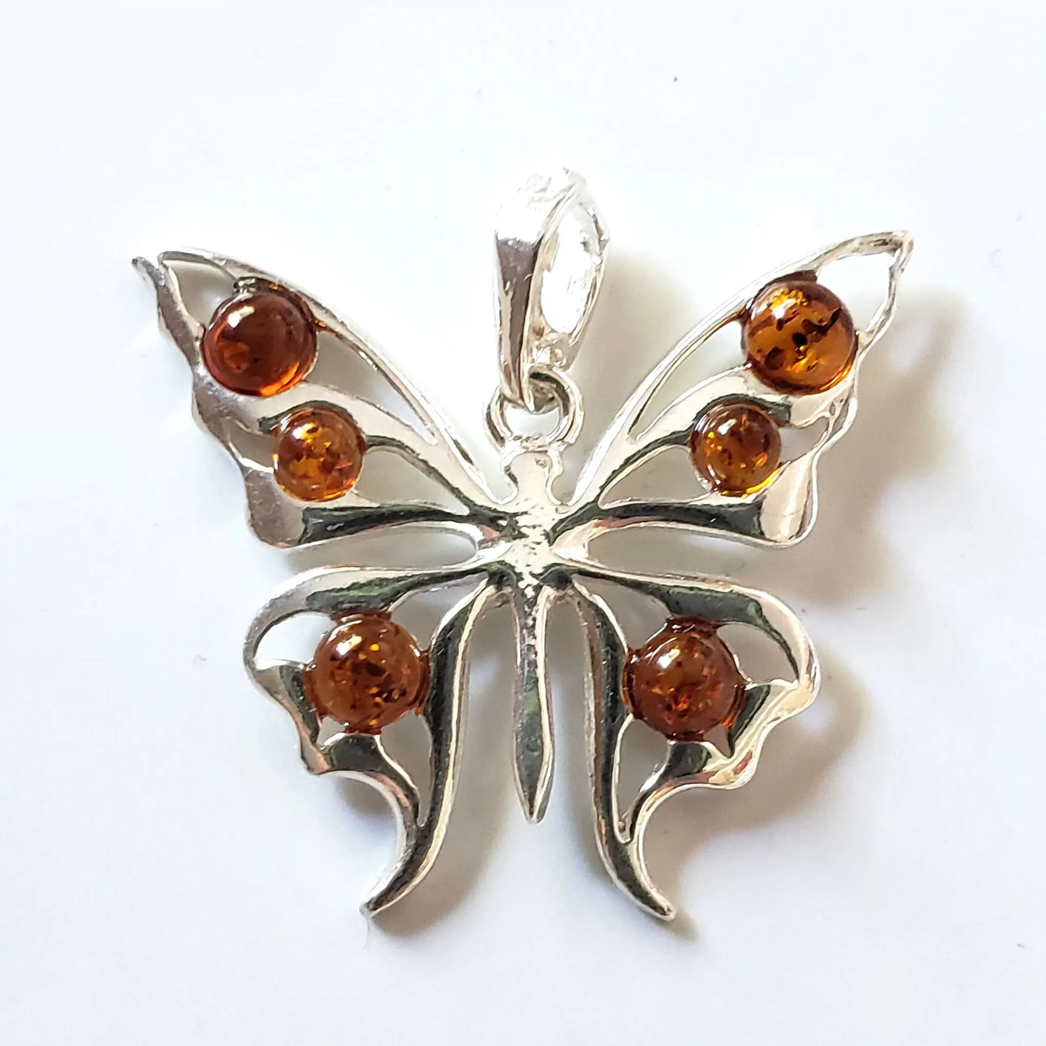 Sterling Silver Butterfly Pendant with Amber Beads