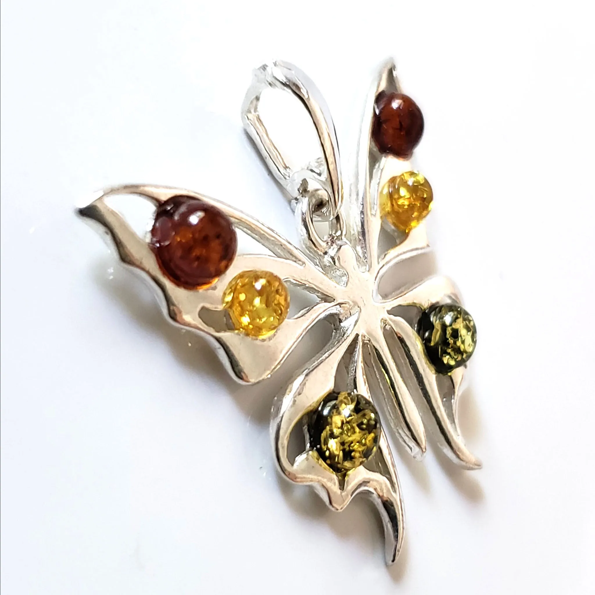Sterling Silver Butterfly Pendant with Amber Beads