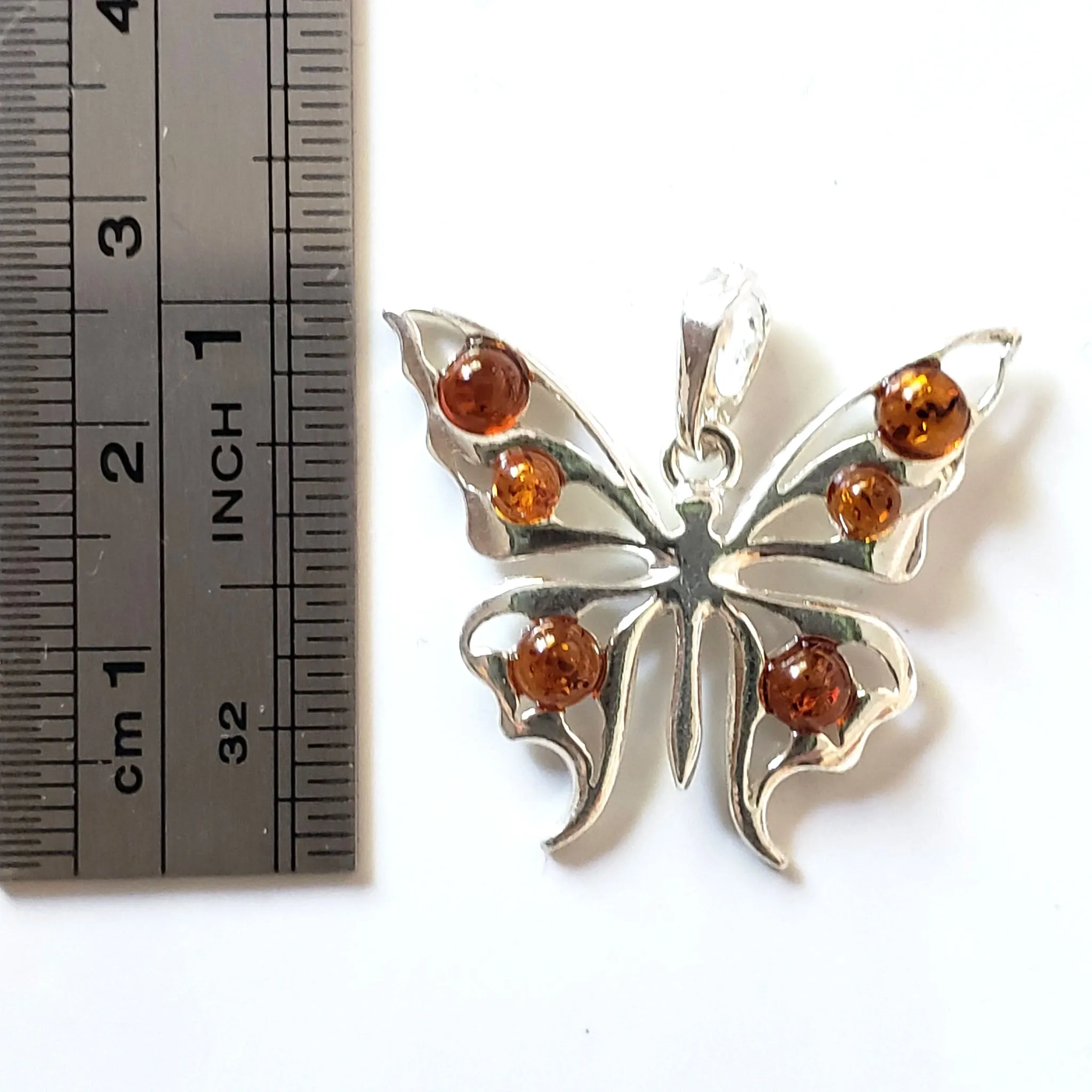 Sterling Silver Butterfly Pendant with Amber Beads