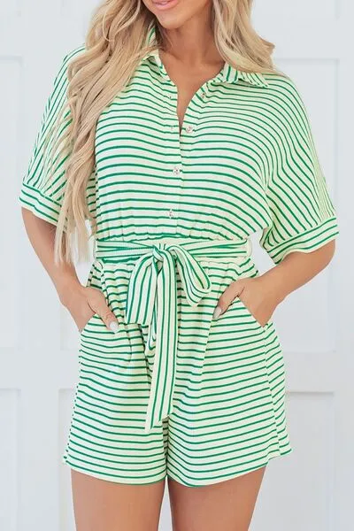 Striped Half Sleeve Tie Waist Romper