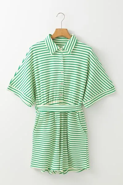 Striped Half Sleeve Tie Waist Romper