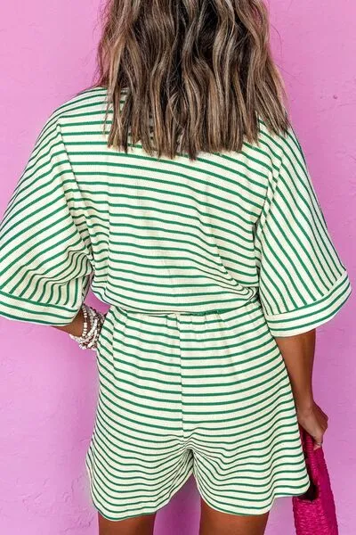 Striped Half Sleeve Tie Waist Romper