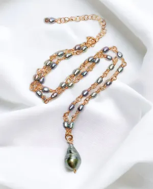 Tahitian Pearl Pendant Necklace Wire Wrapped Rosary Style Rose Gold Fill