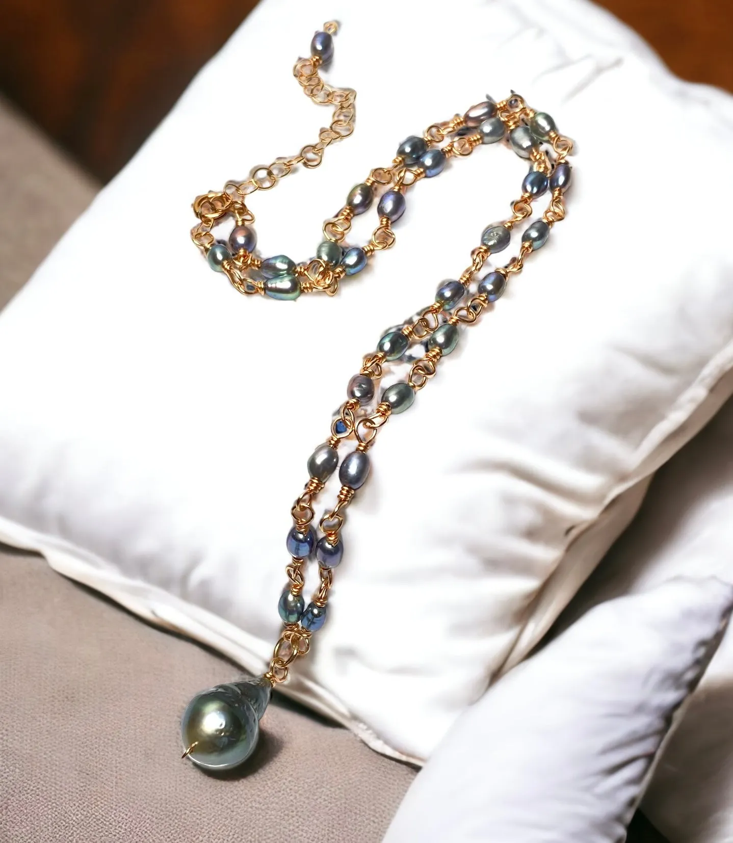 Tahitian Pearl Pendant Necklace Wire Wrapped Rosary Style Rose Gold Fill