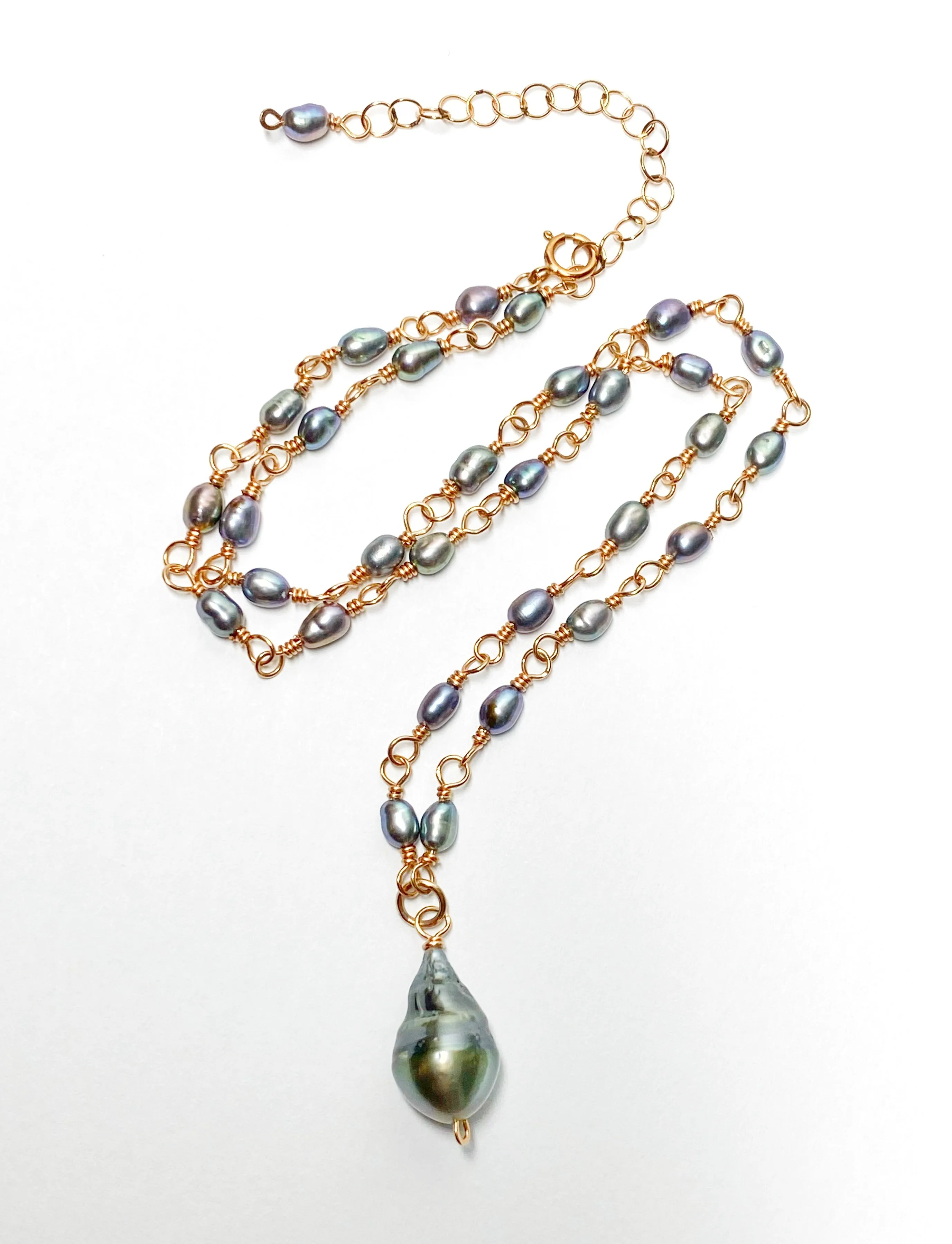 Tahitian Pearl Pendant Necklace Wire Wrapped Rosary Style Rose Gold Fill