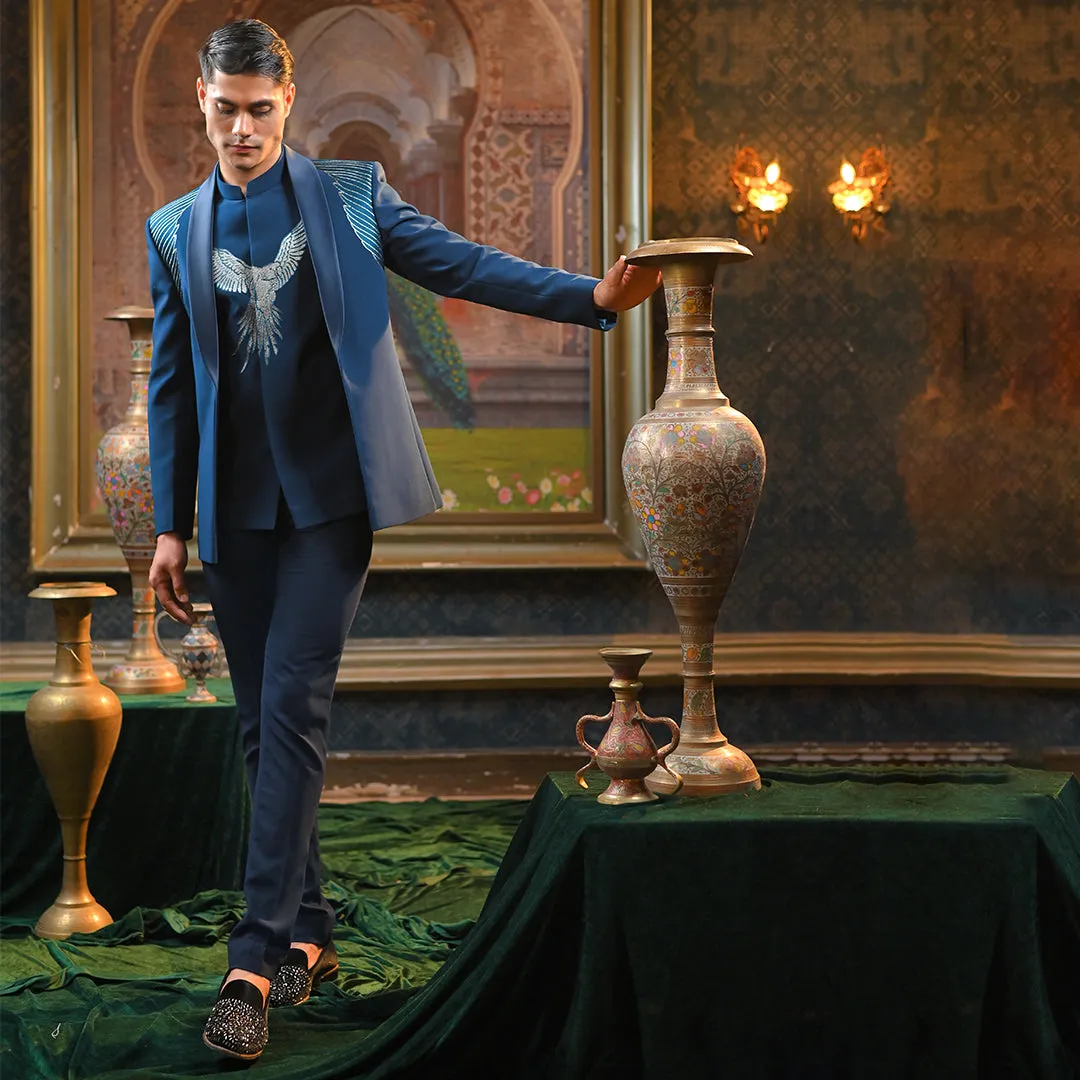 Teal Blue Zari Embroidery 3 Piece Jodhpuri Outfit