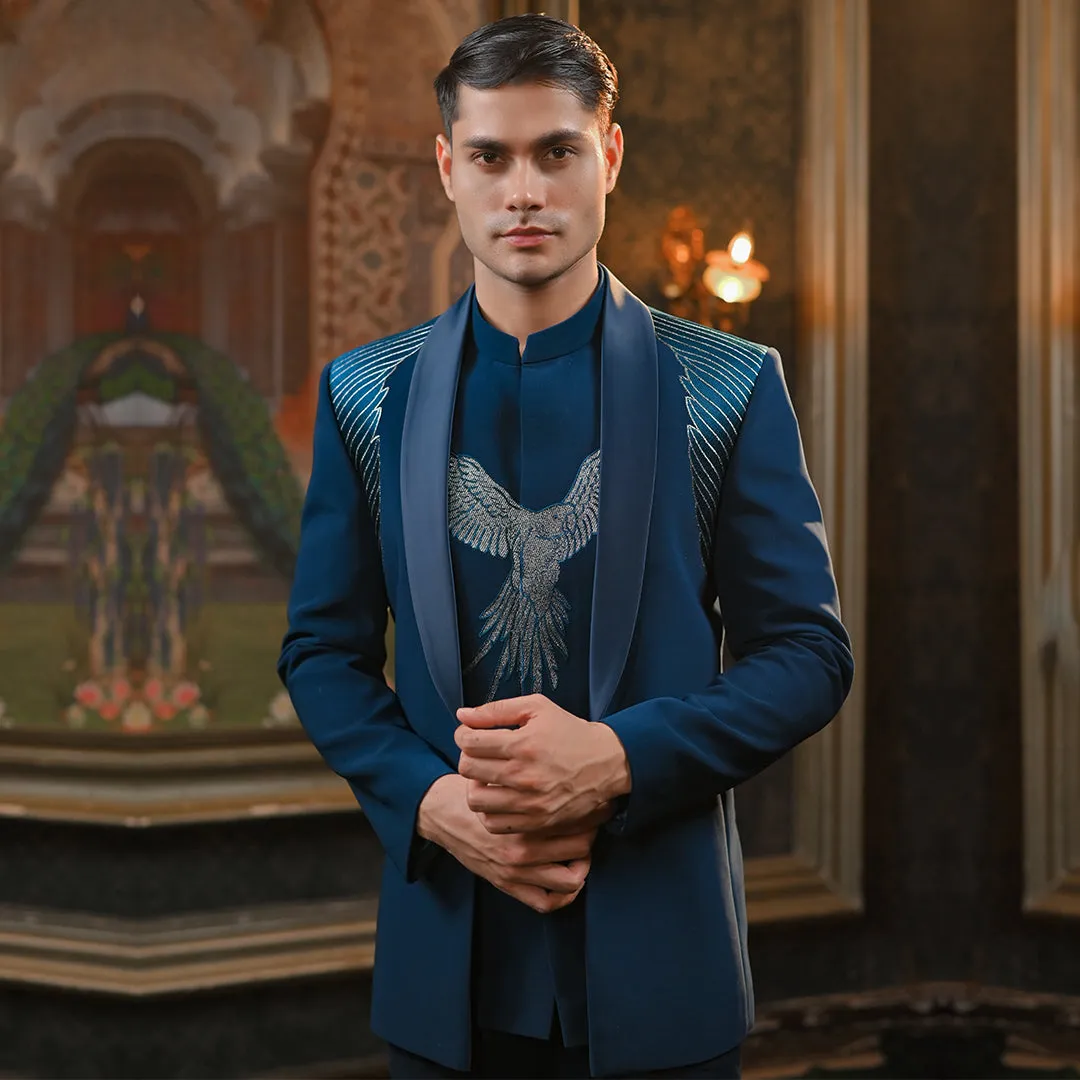 Teal Blue Zari Embroidery 3 Piece Jodhpuri Outfit
