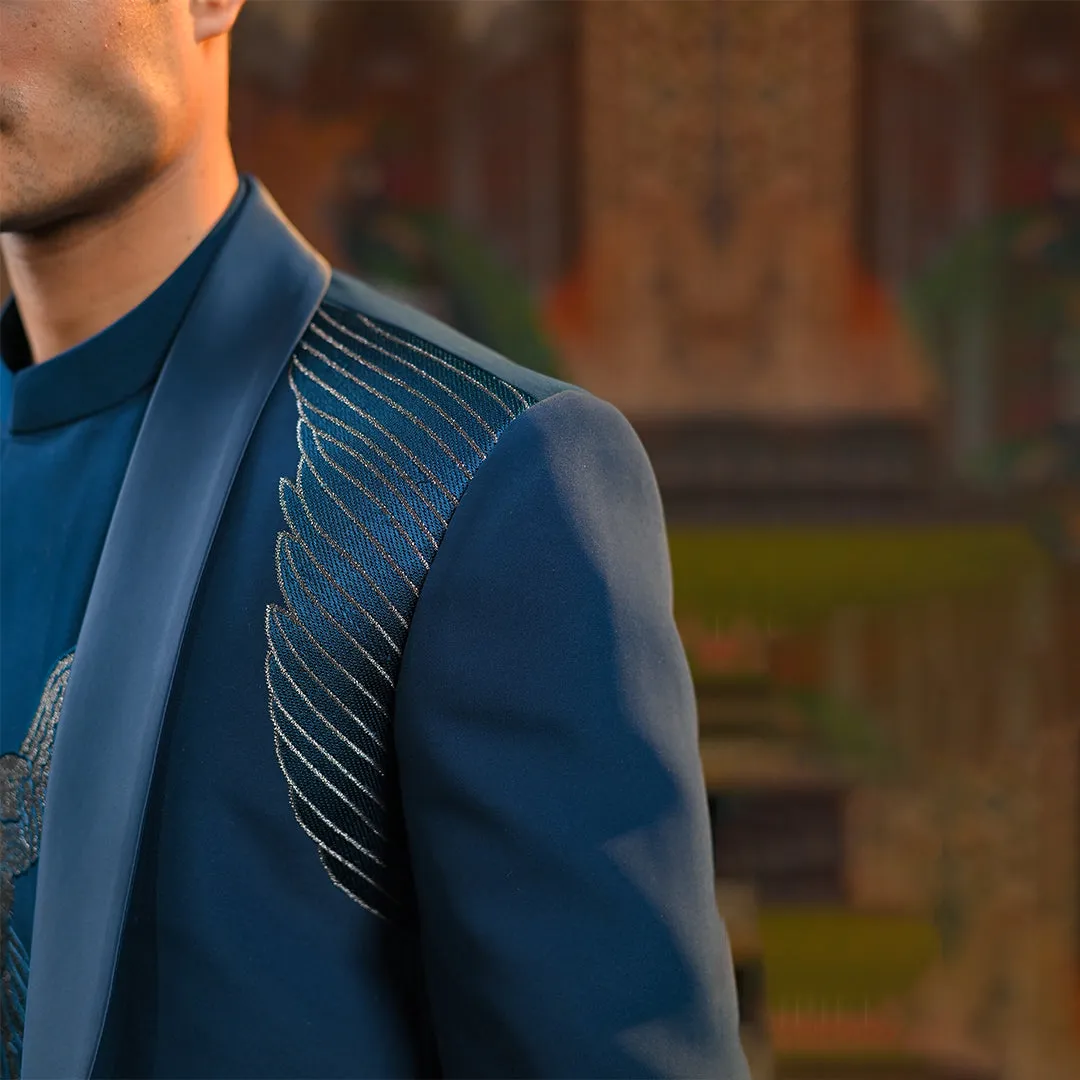 Teal Blue Zari Embroidery 3 Piece Jodhpuri Outfit