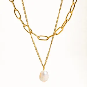 The Percy 18k Gold Plated Layered Chain   Pearl Necklace