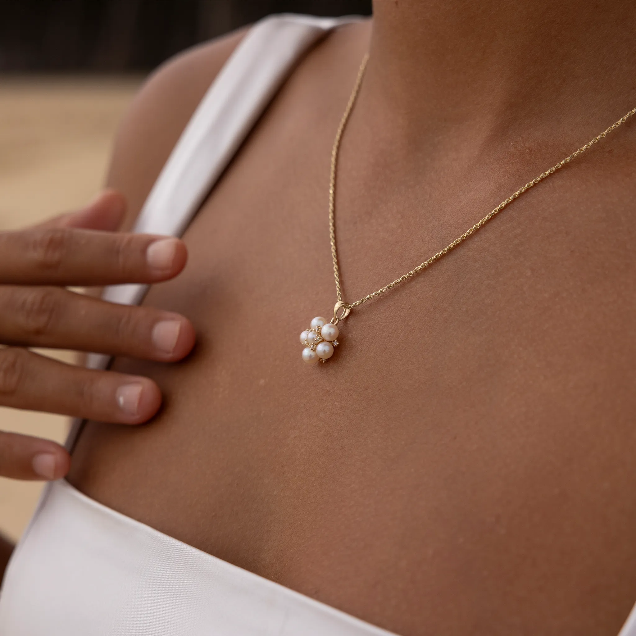 Tiny Bubbles Freshwater White Pearl Pendant in Gold with Diamonds