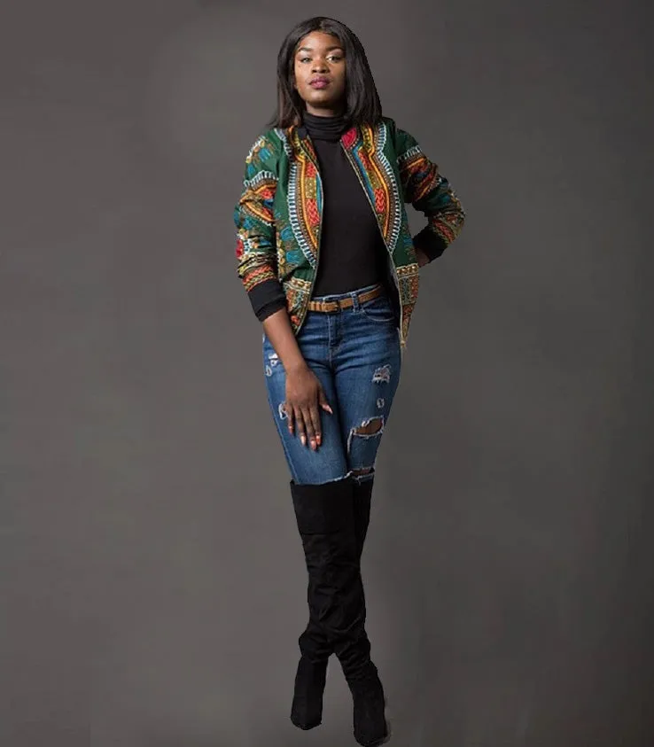 Traditional African Ankara Wax Print Colorful Zip Up Bomber Jacket