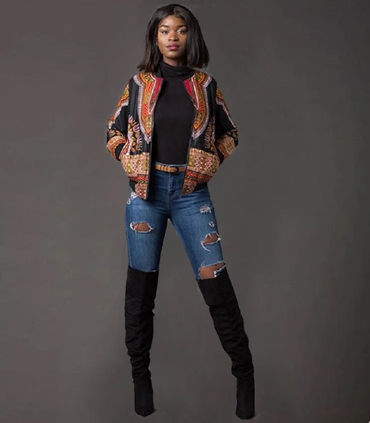 Traditional African Ankara Wax Print Colorful Zip Up Bomber Jacket
