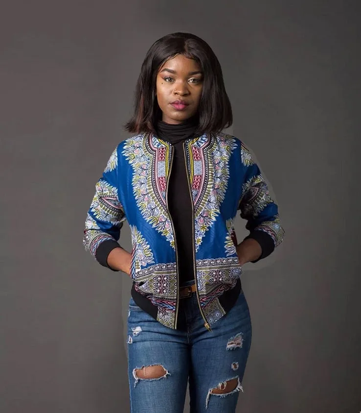 Traditional African Ankara Wax Print Colorful Zip Up Bomber Jacket