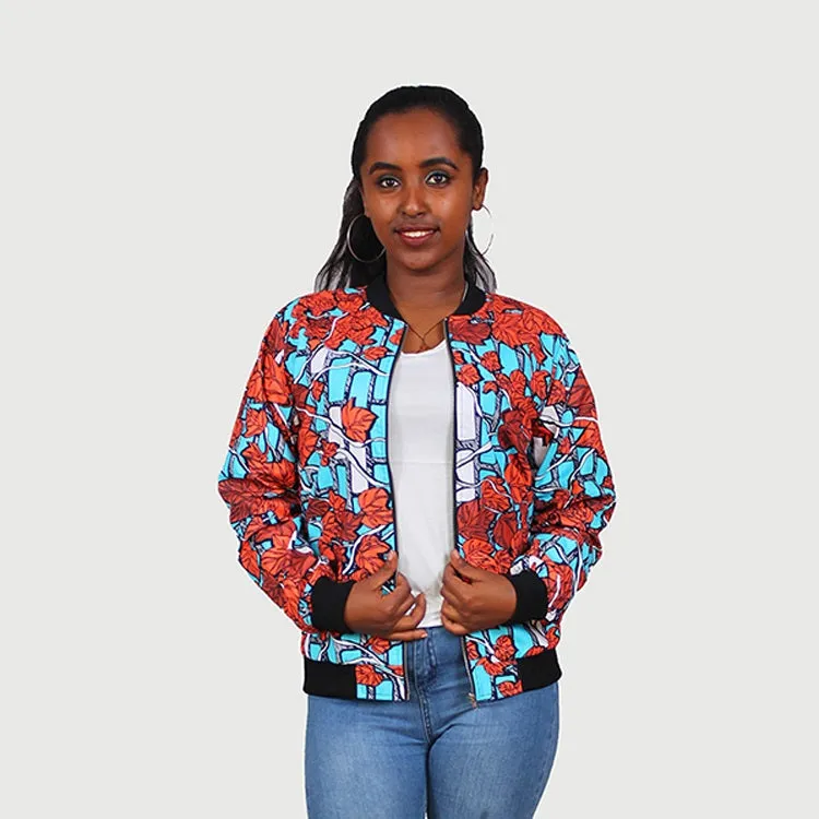 Traditional African Ankara Wax Print Multi Color Leaf Design Bomber Jacket