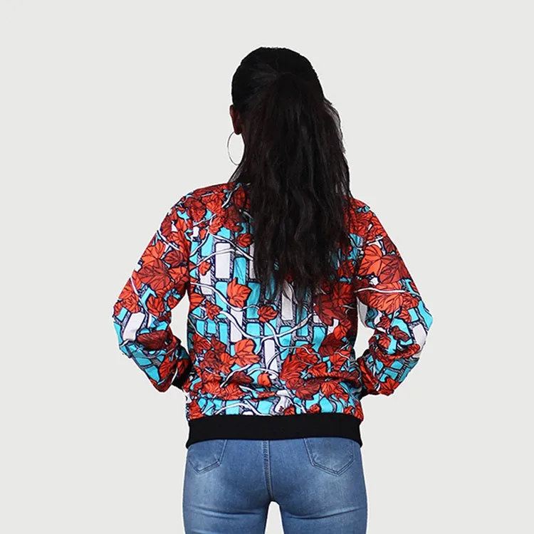 Traditional African Ankara Wax Print Multi Color Leaf Design Bomber Jacket